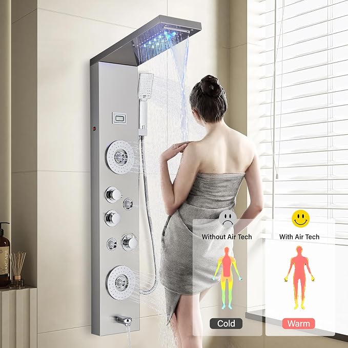 FUZ Shower Panel Tower System, Stainless Steel 6 Function Shower Panel System with LED Fancy Rain Shower Head and Handheld, Comfortable Rain Massage Body Jet and Tub Spout, Brushed Nickel Shower Tower