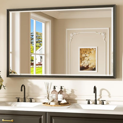 Keonjinn 48" x 30" Black Bathroom Vanity Mirror, French Cleat Installation | Aluminum Alloy Frame, Safe Tempered Glass Beveled Edge, Shatterproof, Rectangle Wall Mirror for Hallway, Dinning Room Decor