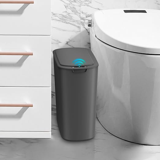 Cesun Automatic Small Bathroom Trash Can with Lid, 2.6 Gallon, Grey | Motion Sensor, Plastic, Touchless, Odor Control, Smart Garbage Can, Battery Operated, Manual Button, for Office/RV/Bedroom