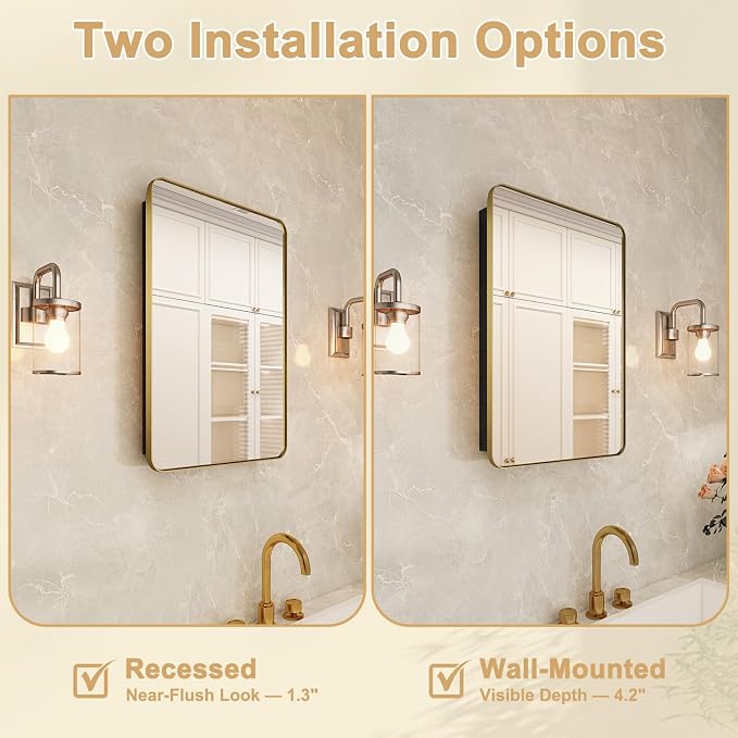 16x24 in Brushed Gold Medicine Cabinet with Mirror for Bathroom | Fully Assembled; Recessed or Surface Wall Mount; Metal Cabinet with Tempered Glass Mirror and Two Adjustable Glass Shelves