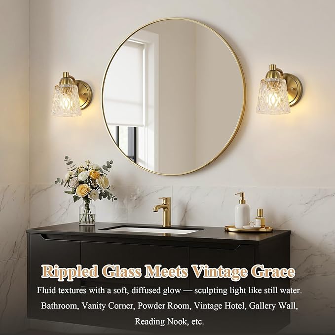 Mecgirn Stainless Steel Bathroom Vanity Light Over Mirror, 1 Light Brushed Gold Bathroom Light Fixtures with Textured Glass Shades, Modern Vanity Lighting Wall Mount