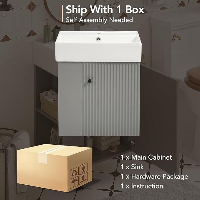 Merax Floating Bathroom Vanity with Sink Combo, 20" Wall Mounted Cabinet with Wood Stripes Decor, Open Shelf, One Piece Sink Basin Bathroom Vanity, Gray