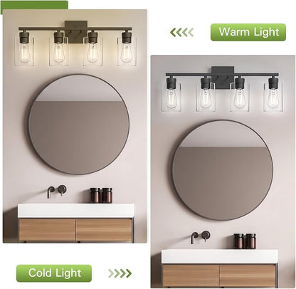 4 Light Bathroom Vanity Light - Matte Black Bathroom Light Fixtures UL Certification, Round Light Fixture Over Mirror, Farmhouse Light Fixtures for Bathroom & Bedroom