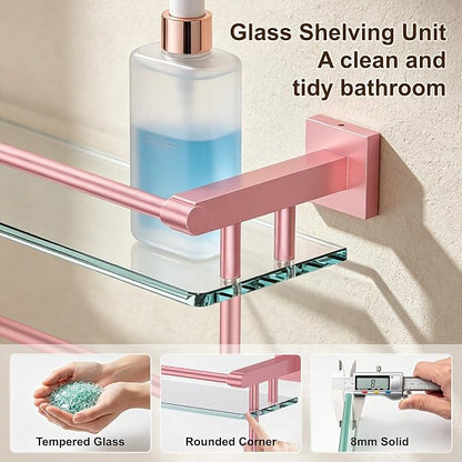 Bathroom Glass Shelf Towel Rack Shelf Glass Organizer Wall-Mounted Bathroom Storage SUS304 Stainless Steel Towel bar/Track Wall-Mounted Tempered Glass Stainless Steel Shelf (Pink, 24‘’ with Railing)