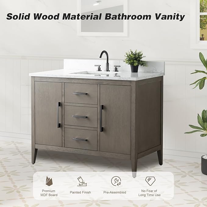 HomeBeyond 48 Inch Bathroom Vanity with Sink & Ceramic Top, Single Vanity Cabinet with Basin, Soft-Closing Doors & Matte Black Hardware, Driftwood Gray