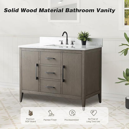 HomeBeyond 48 Inch Bathroom Vanity with Sink & Ceramic Top, Single Vanity Cabinet with Basin, Soft-Closing Doors & Matte Black Hardware, Driftwood Gray