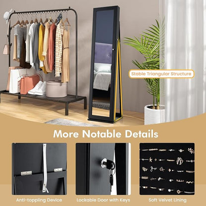 COSTWAY Standing Jewelry Cabinet, Large Capacity Jewelry Organizer w/Full-Length Mirror & Rear Storage Shelves, Lockable Mirror Jewelry Armoire with Keys for Girls Women (Black)
