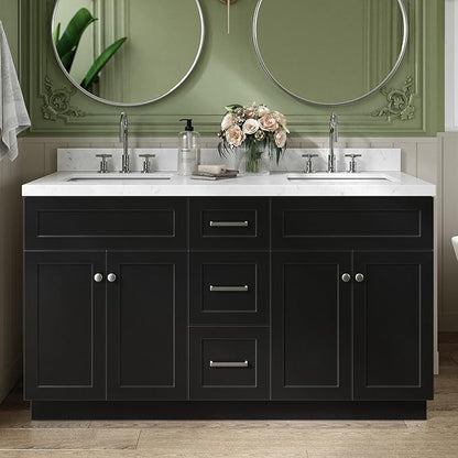 ARIEL Hamlet 60-inch Bathroom Vanity with Sink,Solid Wood, 1.5-inch Carrara White Quartz Countertop & Backsplash, Double Rectangular Porcelain Sink, 4 Soft Closing Doors, 3 Dovetail Drawers, Black