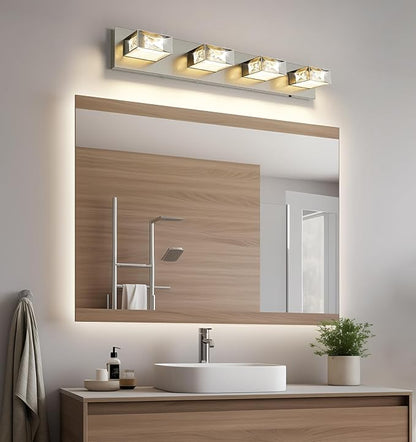 Joossnwell Brushed Nickel Bathroom Lights Fixtures Over Mirror (4-Light, 28-Inch) Crystal Vanity Light 5CCT Dimmable Modern Led Bathroom Lighting with 350°Rotatable Head