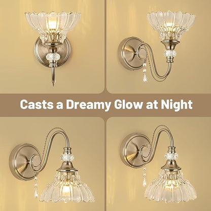 1 Piece Brushed Nickel Finish Wall Sconce, 1-Light Modern Wall Sconce with Hanging Crystal Accents and Flower-Shaped Clear Shades for Bathroom Bedroom Living Room,Modern Vanity Light