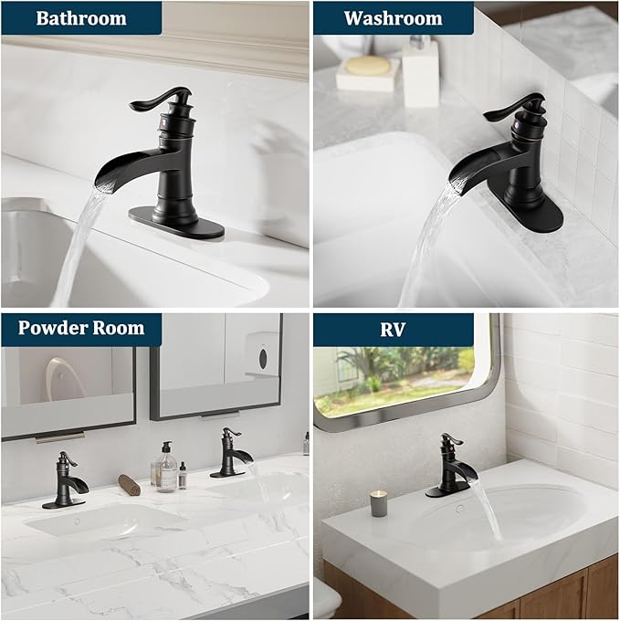 Oil Rubbed Bronze Waterfall Bathroom Faucet, Single Handle Bathroom Sink Faucet 1 Hole or 3 Hole, Vanity Sink Faucet for Vintage Antique Lavatory Washroom with Pop Up Drain, Deck, 2 Hoses
