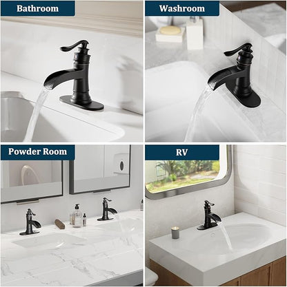 Oil Rubbed Bronze Waterfall Bathroom Faucet, Single Handle Bathroom Sink Faucet 1 Hole or 3 Hole, Vanity Sink Faucet for Vintage Antique Lavatory Washroom with Pop Up Drain, Deck, 2 Hoses