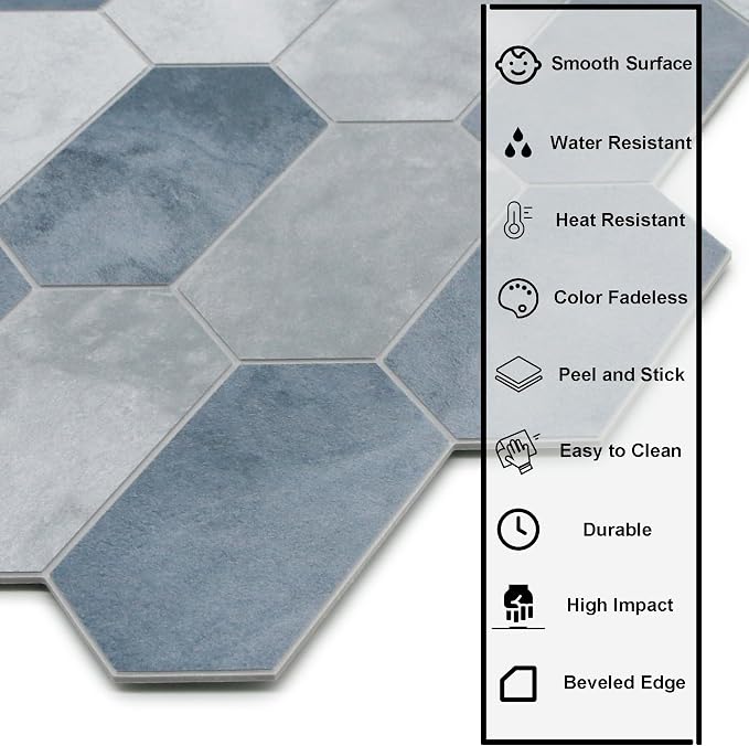 The Tiles Plaza 10-Sheet Peel and Stick Backsplash, 12" x 11.5" Blue Cement Long Hexagon Self-Adhesive Wall Tile, Stone Composite Stick On Decorative Mosaic Tile for Kitchen Bathroom Fireplace