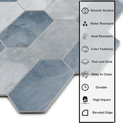 The Tiles Plaza 10-Sheet Peel and Stick Backsplash, 12" x 11.5" Blue Cement Long Hexagon Self-Adhesive Wall Tile, Stone Composite Stick On Decorative Mosaic Tile for Kitchen Bathroom Fireplace