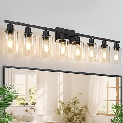 Indoi 8-Light Bathroom Light Fixtures, Matte Black Modern Vanity Lights with Clear Glass Shades, Bathroom Wall Lamp for Mirror Living Room Cabinet Bedroom Porch