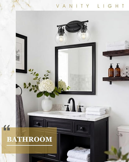 Black Bathroom Light Fixtures, 2-Light 14" Vanity Lights with Clear Globe Glass Shades, Farmhouse Vintage Vanity Lighting Fixtures Over Mirror, E26 Base, AD-2147-2W-BK