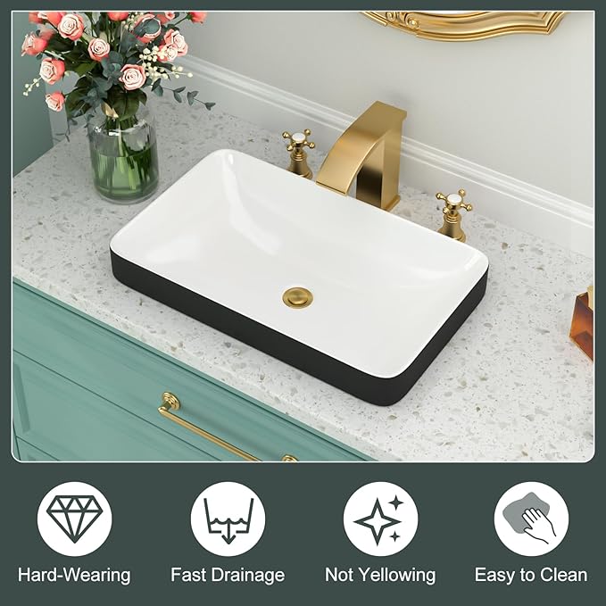 Vessel Bathroom Sink-Beslend Semi Recessed Black&White 19x12 Above Counter Rectangular Ceramic Wash Sinks Top Counter Porcelain Modern Art Basin