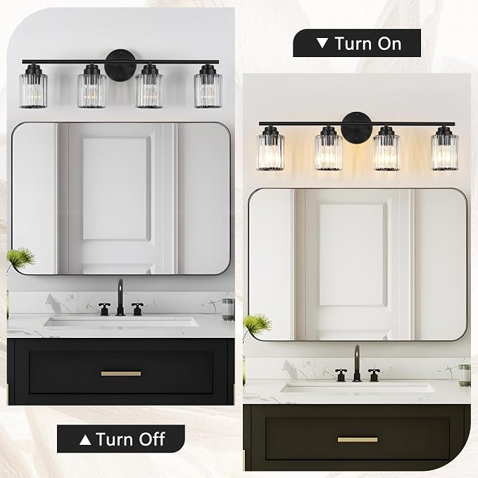 29.1" Black Vanity Light, 4-Light Bathroom Light Fixtures with Clear Crystal Shades, E26 Base Modern Black Wall Sconce, Vanity Lights for Bathroom Powder Room Bedroom Hallway