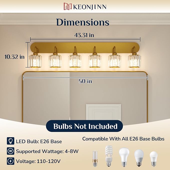 Keonjinn 6-Light Gold Crystal Bathroom Light Fixtures Over Mirror | Vanity Lighting Fixture with Crystal Square Shades, Dimmable, Modern Style, Compatible with E26 Base LED Bulbs (Exclude Bulb)