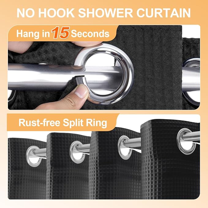 River Dream Cotton Blend No Hook Shower Curtain with Liner, Black, 71x86 | Extra Long, with Snap in Liner, Heavyweight Waffle Fabric, Hotel Grade for Bathroom, Water Repellent, Corner Magnets