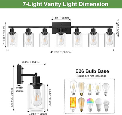 Indoi 7-Light Bathroom Light Fixtures, Matte Black Modern Vanity Lights with Clear Glass Shades, Bathroom Wall Lamp for Mirror Living Room Cabinet Bedroom Porch