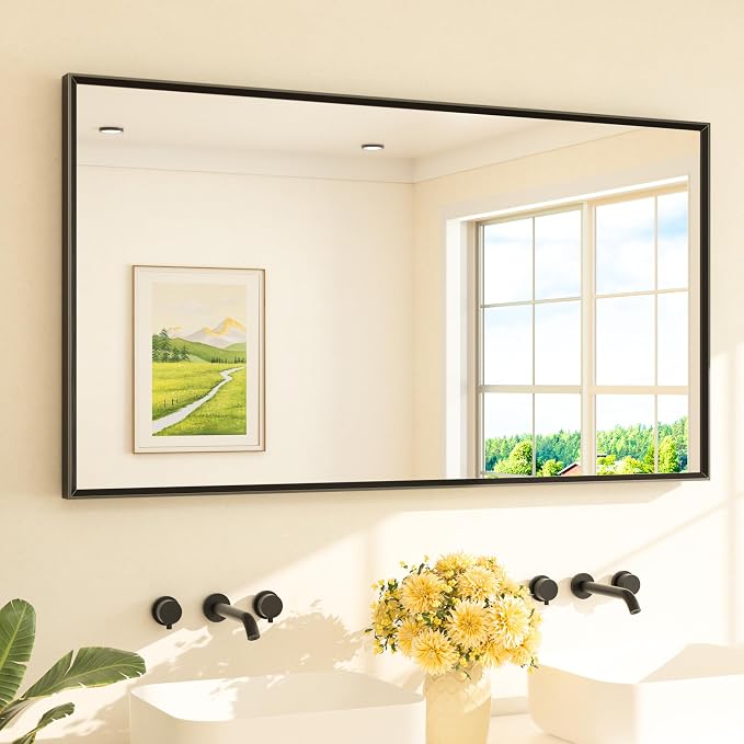Black Bathroom Mirror for Over Sink 55" x 30" Large Matte Black Beveled Metal Framed Rectangular Vanity Mirror for Bathroom, Bedroom, Entryway, Living Room, Tempered Glass, Shatterproof