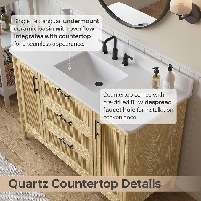 48 Inch Bathroom Vanity with Sink, Quartz Top, Light Oak | Modern Pre Assembled Single Sink Bathroom Vanity, Freestanding Bathroom Storage Cabinet, Soft Close Doors, Dovetail Drawers