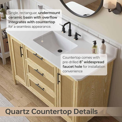 48 Inch Bathroom Vanity with Sink, Quartz Top, Light Oak | Modern Pre Assembled Single Sink Bathroom Vanity, Freestanding Bathroom Storage Cabinet, Soft Close Doors, Dovetail Drawers