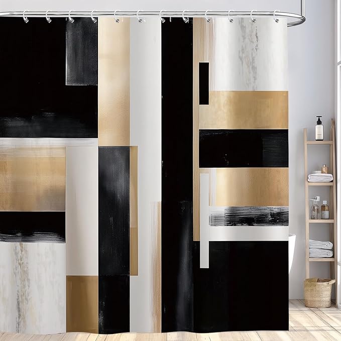 Black and Gold Abstract Shower Curtain Set, Modern Art Aesthetic Oil Painting Shower Curtain, Boho Neutral Artistic Fabric Waterproof Bathroom Curtains with 12PCS Hooks 72X72IN Brown Beige