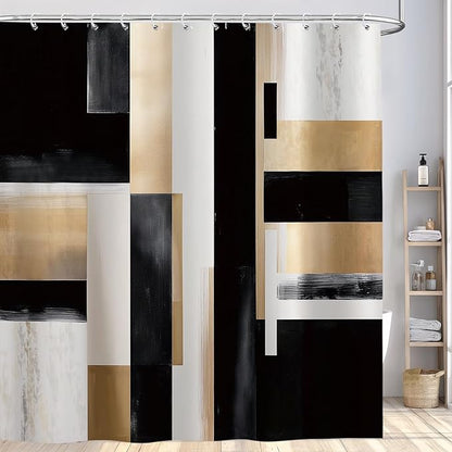 Black and Gold Abstract Shower Curtain Set, Modern Art Aesthetic Oil Painting Shower Curtain, Boho Neutral Artistic Fabric Waterproof Bathroom Curtains with 12PCS Hooks 72X72IN Brown Beige