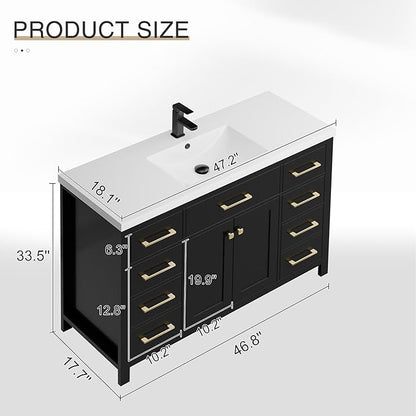 LUCKWIND 48" Modern Bathroom Vanity and Sink, Painted Bathroom Storage Cabinet with Single Resin Sink, Two Doors and Four Drawers, Include Faucet Without Mirror, Black