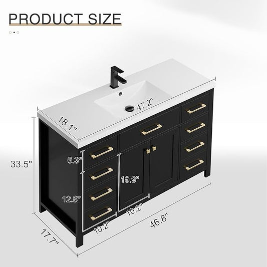 LUCKWIND 48" Modern Bathroom Vanity and Sink, Painted Bathroom Storage Cabinet with Single Resin Sink, Two Doors and Four Drawers, Include Faucet Without Mirror, Black