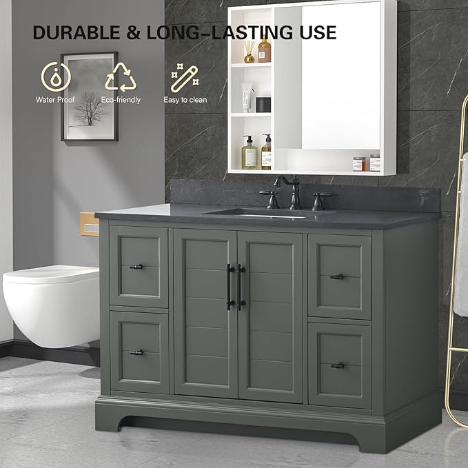 HOMEBEYOND 48 Inch Bathroom Vanity with Single Sink & Ceramic Top, Vanity Cabinet with Center Countertop Basin, Soft-Closing Doors, Backsplash, Vintage Green