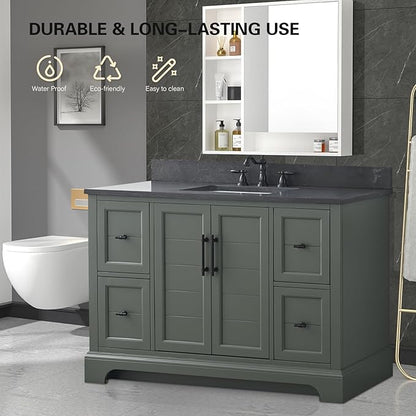 HOMEBEYOND 48 Inch Bathroom Vanity with Single Sink & Ceramic Top, Vanity Cabinet with Center Countertop Basin, Soft-Closing Doors, Backsplash, Vintage Green