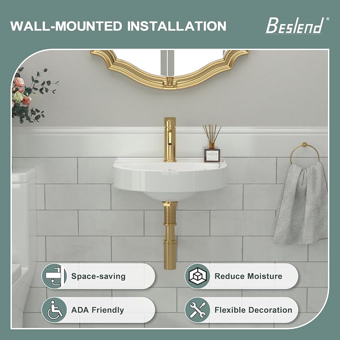 Wall Mount Bathroom Vessel Sink Space Saving | Beslend 16"x14" Inch White Ceramic Vessel Sink, Semi-Circular Bowl White Art Basin with Overflow and Single Hole