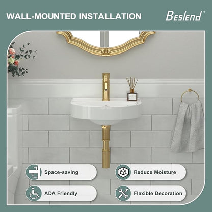 Wall Mount Bathroom Vessel Sink Space Saving | Beslend 16"x14" Inch White Ceramic Vessel Sink, Semi-Circular Bowl White Art Basin with Overflow and Single Hole