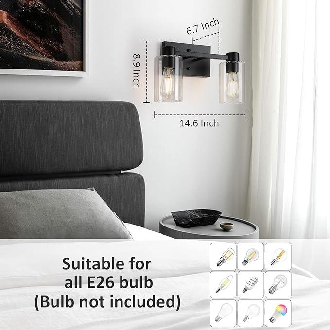 Matte Black Bathroom Light Fixtures,2-Light Bathroom Vanity Light Over Mirror with Clear Glass Shade,Modern Farmhouse Wall Sconces Lighting for Bedroom Cabinet Kitchen Living Room