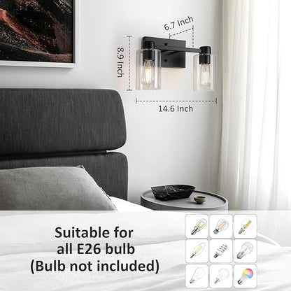 Matte Black Bathroom Light Fixtures,2-Light Bathroom Vanity Light Over Mirror with Clear Glass Shade,Modern Farmhouse Wall Sconces Lighting for Bedroom Cabinet Kitchen Living Room
