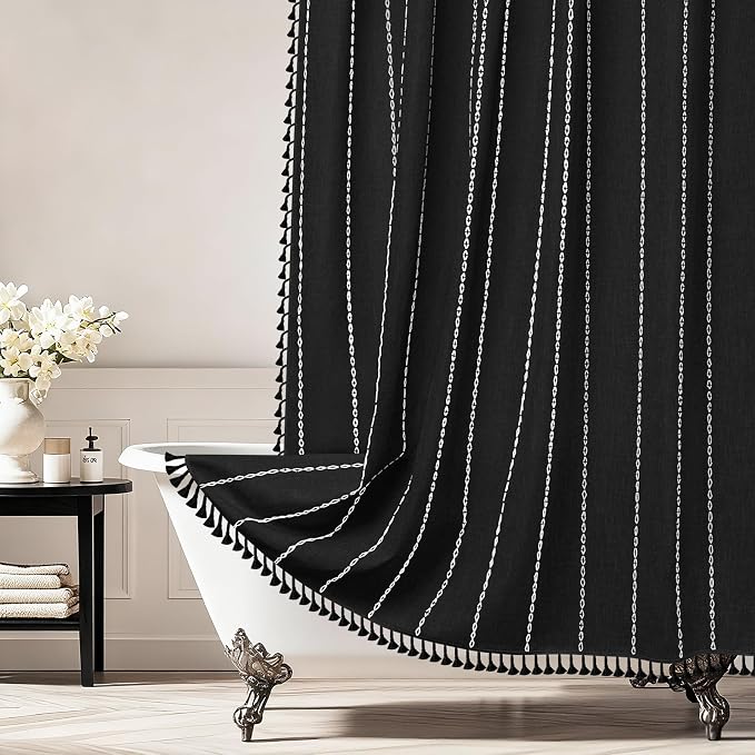 Seenus 72 x 76 inch Extra Long Boho Chic Shower Curtain Heavyweight with Tassels, Soft Linen Textured Fabric Farmhouse Shower Curtain, Elegant Black and White Striped Bathroom Curtain Water Repellent