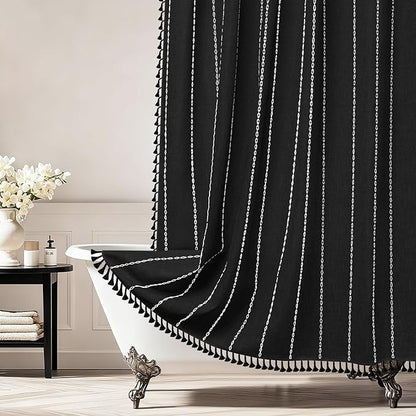 Seenus 72 x 84 inch Extra Long Boho Chic Shower Curtain Heavyweight with Tassels, Black and White Linen Textured Fabric Farmhouse Shower Curtain, Elegant White Striped Bathroom Curtain Water Repellent