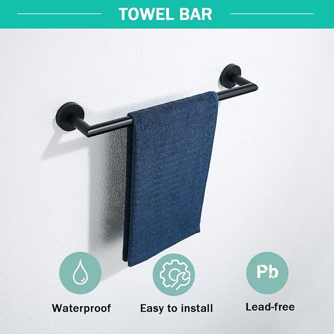 Matte Black Bathroom Hardware Accessories Set 4 Pieces,18 Inch Towel Bar,Toilet Paper Holder,Towel Hooks,SUS 304 Stainless Steel Wall Mounted Bathroom Towel Bar Set,SE96018S-4MB