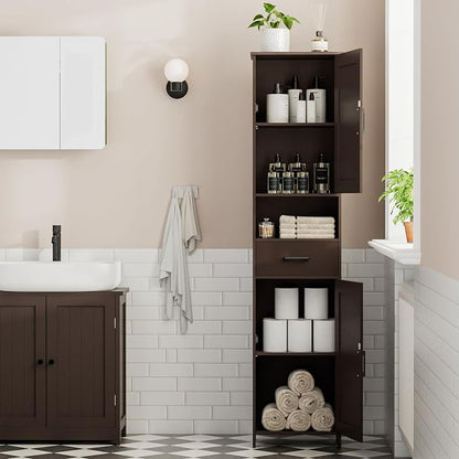 Homhedy 67" H Tall Bathroom Storage Cabinet with Barn Doors and Drawer | Narrow Storage Unit with Adjustable Shelves, Floor Cabinet for Bathroom, Living Room, Entryway or Kitchen, Brown, 15.7" W
