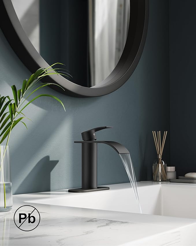 FORIOUS Waterfall Matte Black Bathroom Faucet 1 Hole, Single Handle Bathroom Sink Faucets for 1 or 3 Hole with Deck Plate, Metal Pop up Drain, cUPC Hoses for Vanity, Basin, Rv, Lavatory Sink