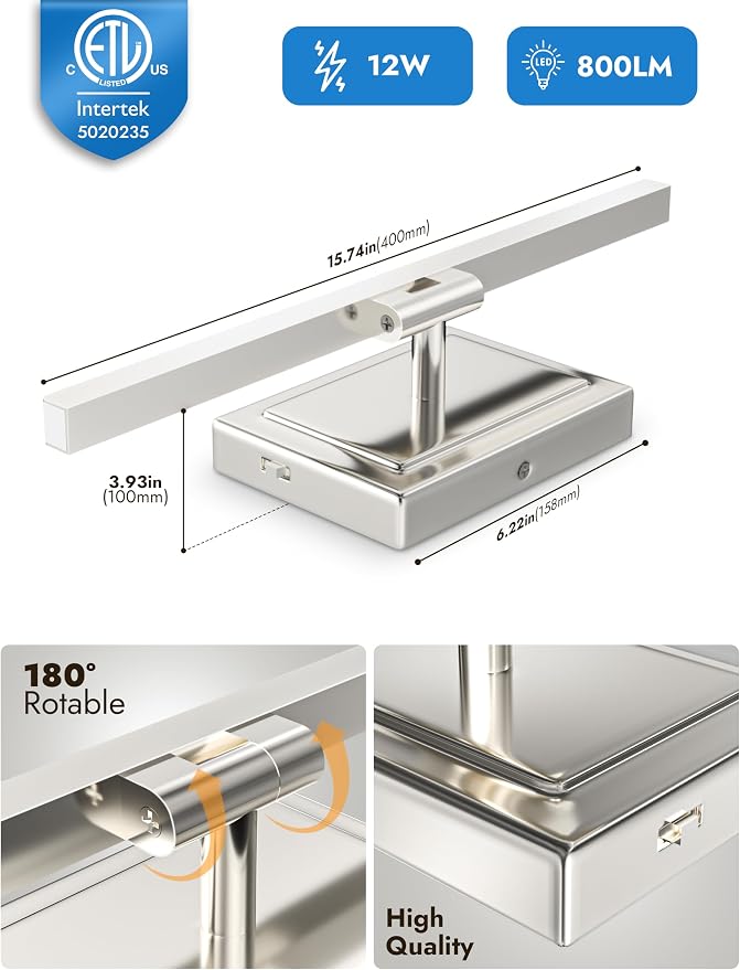15.7 Inch Modern Bathroom Light Fixture, 12W 5CCT Dimmable LED Chrome Bathroom Vanity Lights Over Mirror, Vanity Lights for Bathrooms Restroom Mirror- ETL Certified
