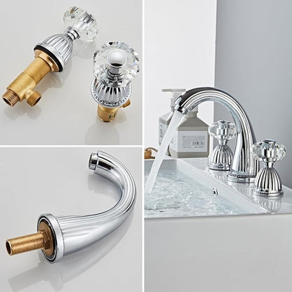 Morden Bathroom Faucet Chrome Three Holes Widespread 2 Crystal Handle Bathroom Sink Faucets Vintage Lavatory Vanity Faucet