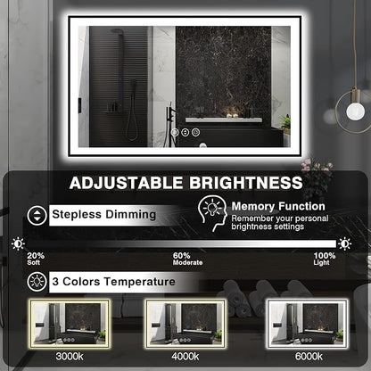EchosLife 60x36 LED Mirror for Bathroom - Black Aluminum Framed | Black Frame, Front and Backlit, Anti-Fog, Stepless Dimmable, 3 Colors, Memory, Tempered Glass, UL Listed, Horizontal/Vertical