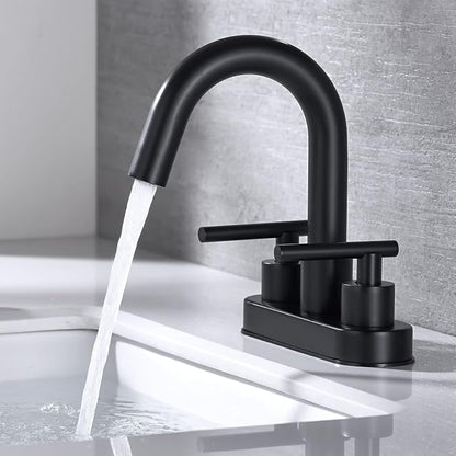 Black Bathroom Faucet, BSTIIU Centerset Sink Faucets for 3 Hole Sink, 4 Inch 2 Handle RV Vanity Faucet with Metal Overflow Pop Up Drain and cUPC Water Supply Lines, Matte Black