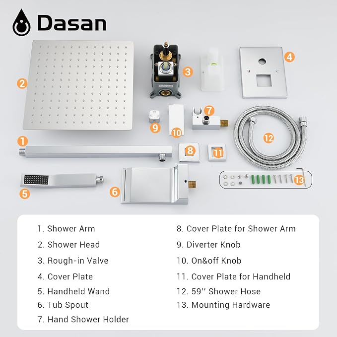 DASAN Tub Shower Faucets Sets Complete Bathtub Shower System with Waterfall Tub Spout, Chrome Bathtub Faucet Set Tub and Shower Faucet Combo Trim Kit with Valve, DA-SS04PC-S10W
