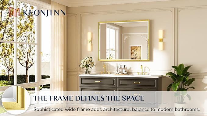 Keonjinn 48" x 36" Gold Bathroom Vanity Mirror, Safe HD Tempered Glass | Beveled Edge, Aluminum Alloy Framed, Secure French Cleat Installation, Modern Rectangle Wall-Mounted Mirror for Over Sink