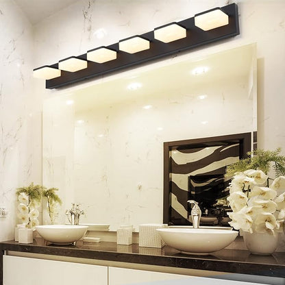 GOODATE 3 Colors Dimmable Bathroom Light Fixtures Over Mirror, LED Black Vanity Lights, Acrylic Stainless Steel 6 Light Bathroom Vanity Light Fixtures, Adjustable 3000K/4000K/6000K, 360° Rotate
